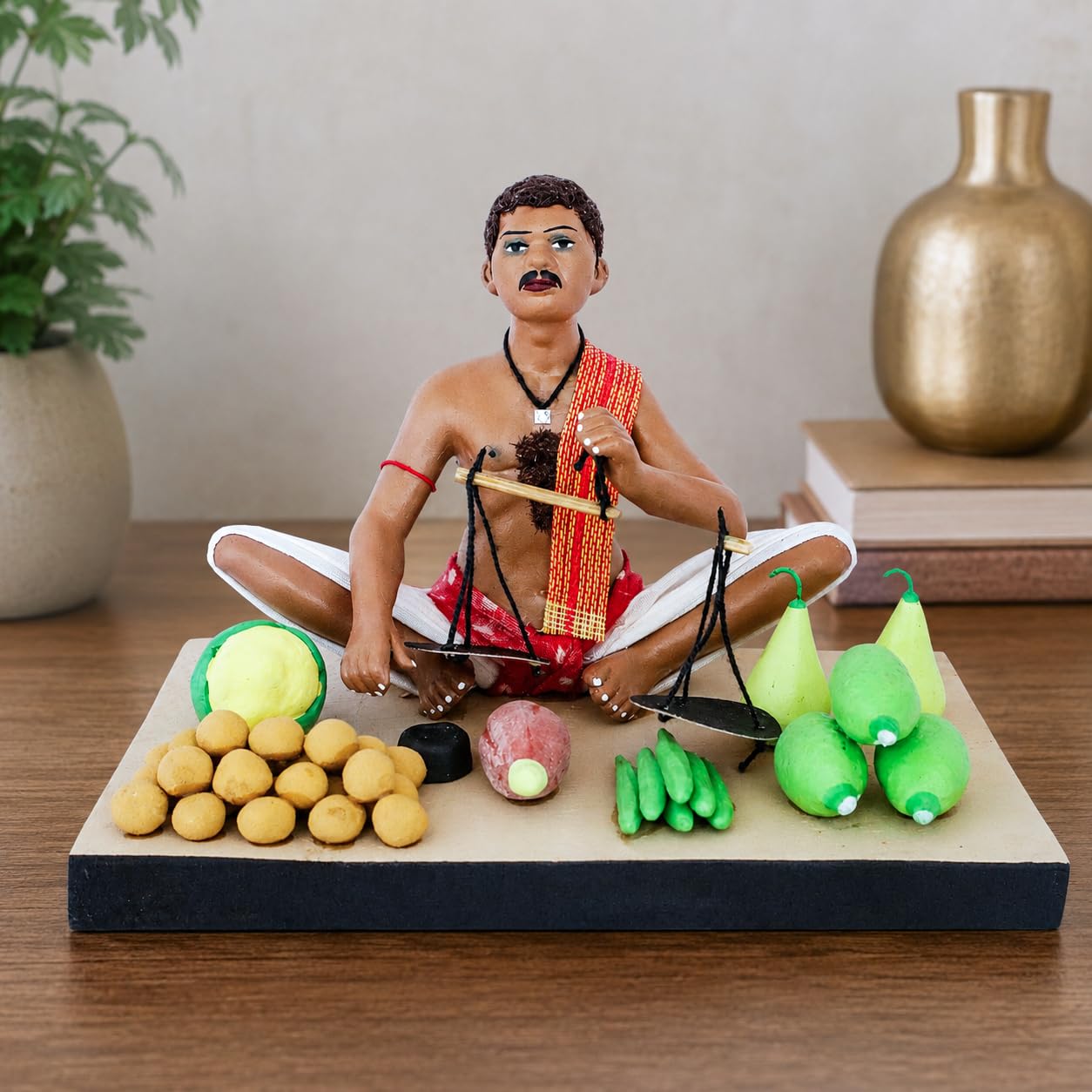 Niharika Collections Krishnanagar Handmade Terracotta Clay Idol, Vegetable Seller Figurine, Sitting Human Figure Miniature, Traditional Indian Art Home Décor, Golu Display & Gifting, 15 x 10 x 10 cm