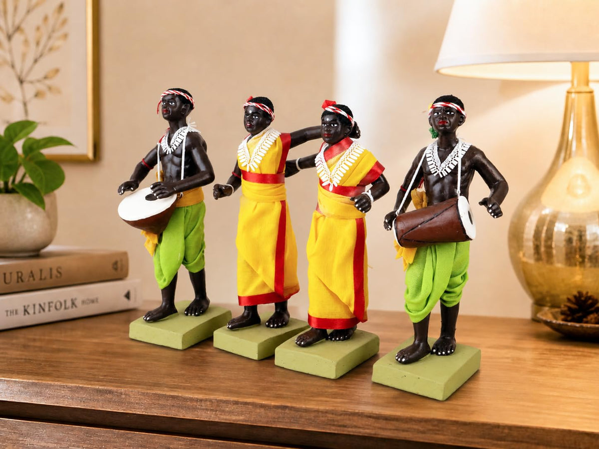 Niharika Collections Krishnanagar Handmade Clay Tribal Dance Group Idol | Terracotta Folk Human Figurines | Traditional Home Decor & Gift Showpiece | Set of 4