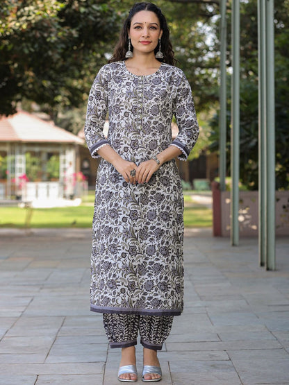 Dhiyona RR Women's Floral Printed Thread Work Pure Cotton Straight Kurta With Salwar & Dupatta