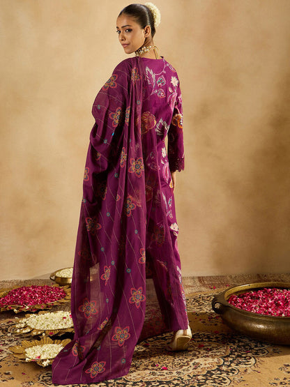 Burgundy Floral Printed V-Neck Sequinned Pure Cotton Straight Kurta Set