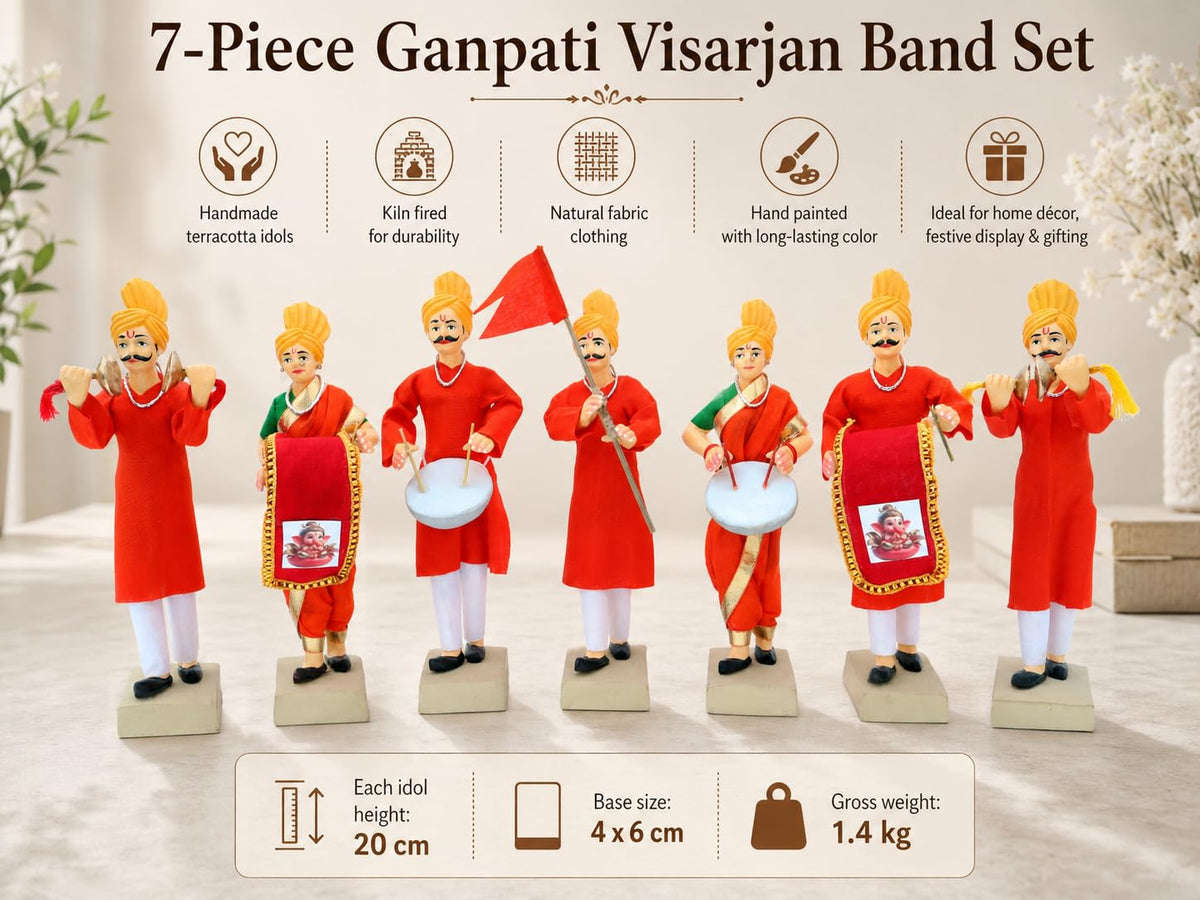 Niharika Collections Handmade Clay Terracotta | GANPATI VISARJAN Band – Set of 7 | Musical Miniature Idols