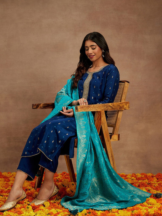 Ethnic Motifs Woven Design Thread Work Detail Straight Kurta & Trousers With Dupatta