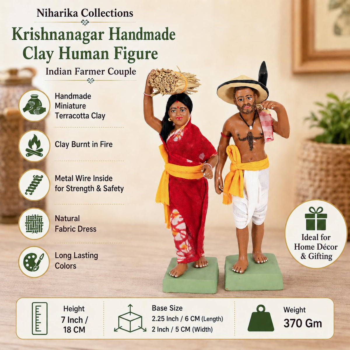 Niharika Collections Krishnanagar Handmade Clay Human Figure Gift & Decor (Indian Farmer Couple)