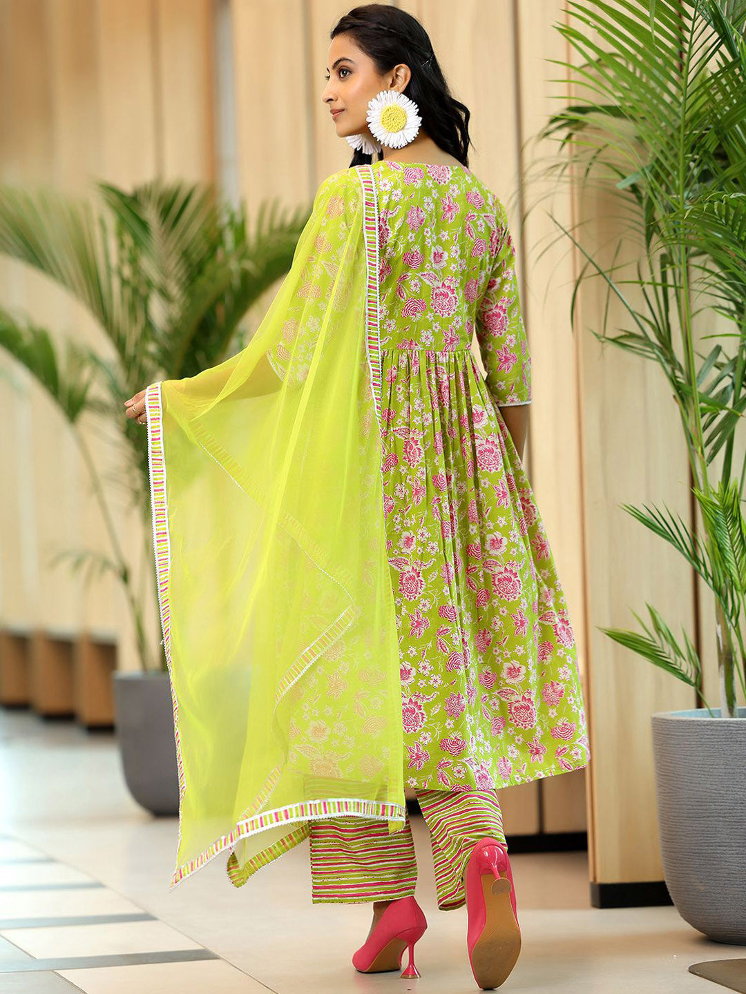 Floral Printed A-Line Empire Gotta Patti Pure Cotton Kurta with Palazzos & Dupatta