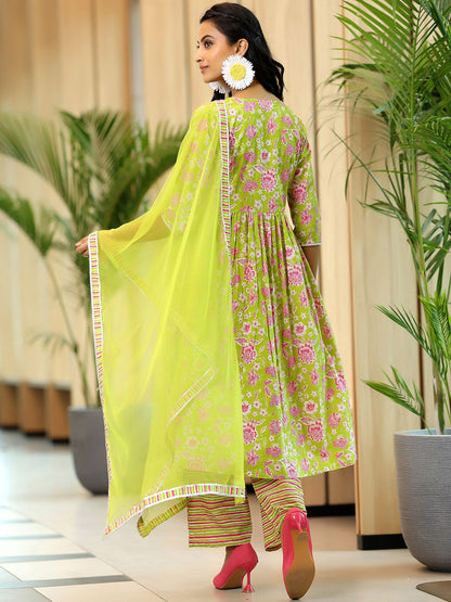 Floral Printed A-Line Empire Gotta Patti Pure Cotton Kurta with Palazzos & Dupatta