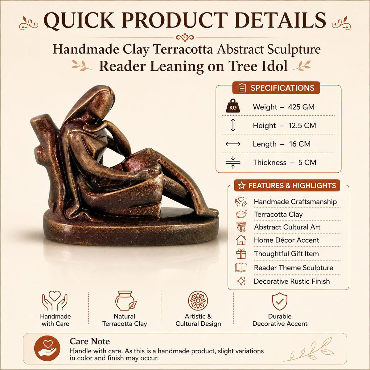Niharika Collections Handmade Clay Terracotta Abstract Sculpture | Home Décor & Gift | Cultural Art | Reader Leaning on Tree Idol