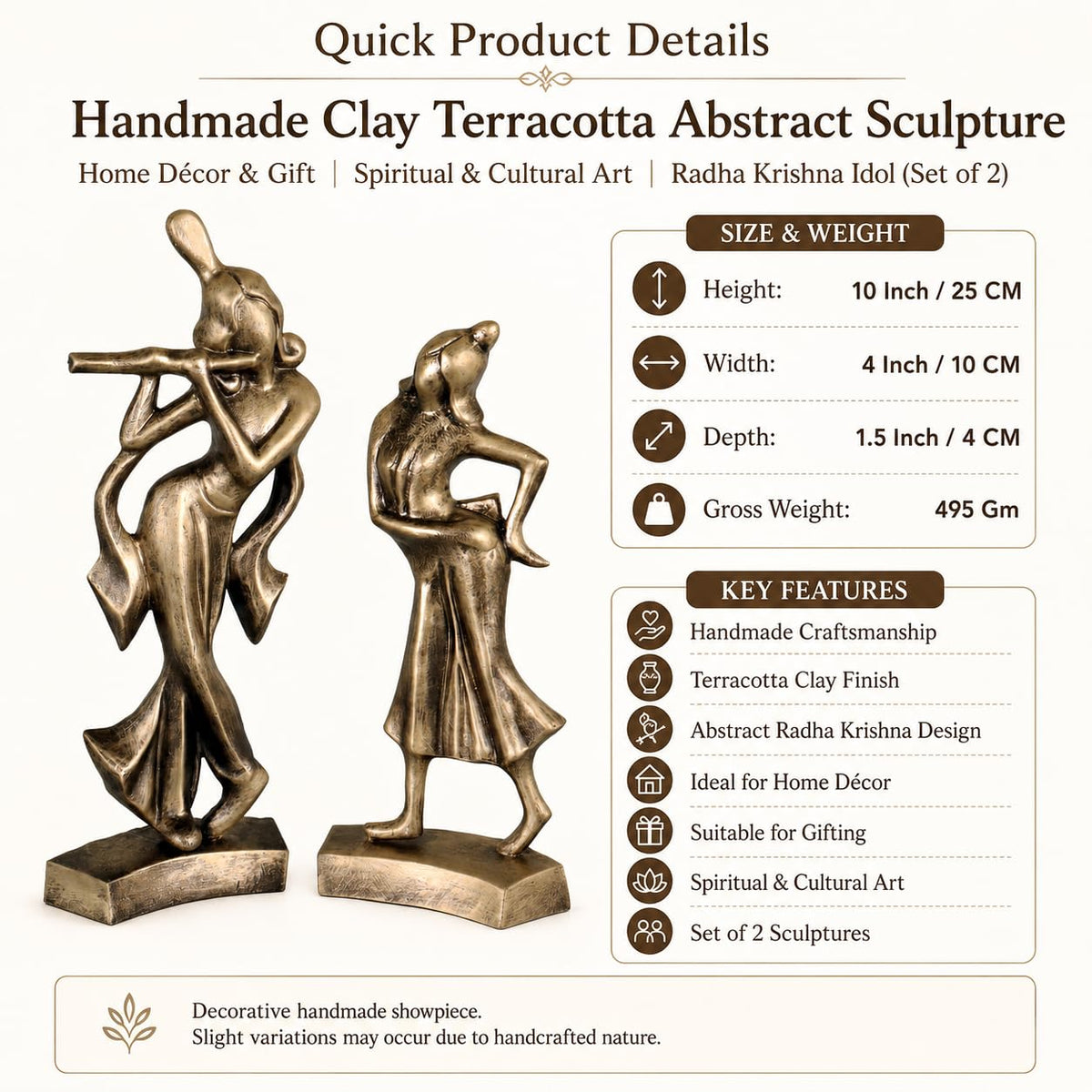 Niharika Collections Handmade Clay Terracotta Abstract Sculpture | Home Décor & Gift | Spiritual & Cultural Art | Radha Krishna Idol (Golden Color, Set of 2)