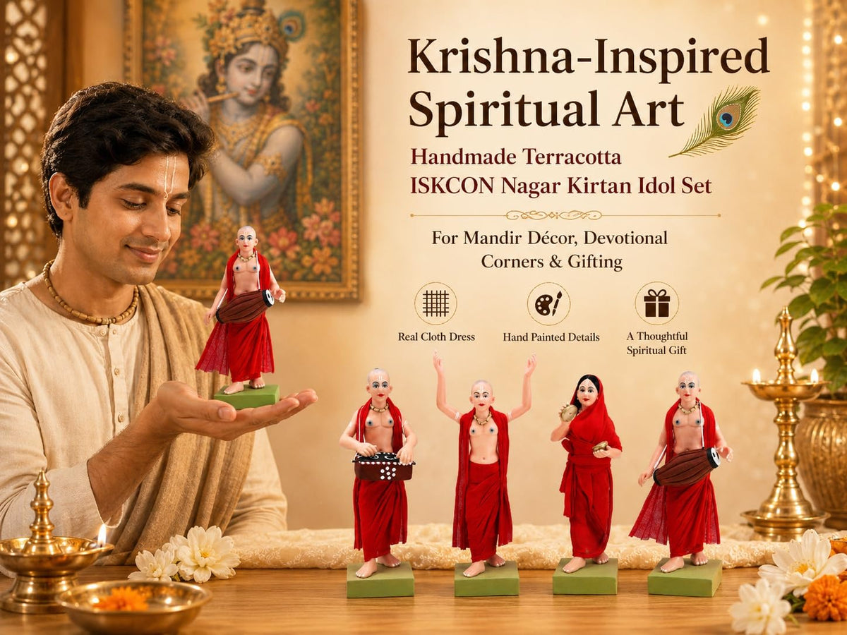 Niharika Collections Handmade Terracotta ISKCON Nagar Kirtan Idol Set | 6 Inch Clay Devotional Figurines with Fabric Dress for Mandir Decor and Gifting
