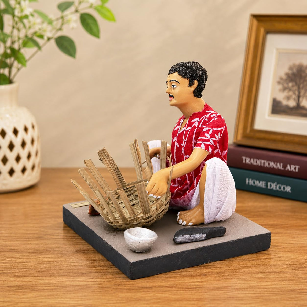 Niharika Collections Krishnanagar Handmade Terracotta Clay Basket Maker Miniature Idol Man | Basic Traditional Indian Home Decor, Golu Display and Gifting