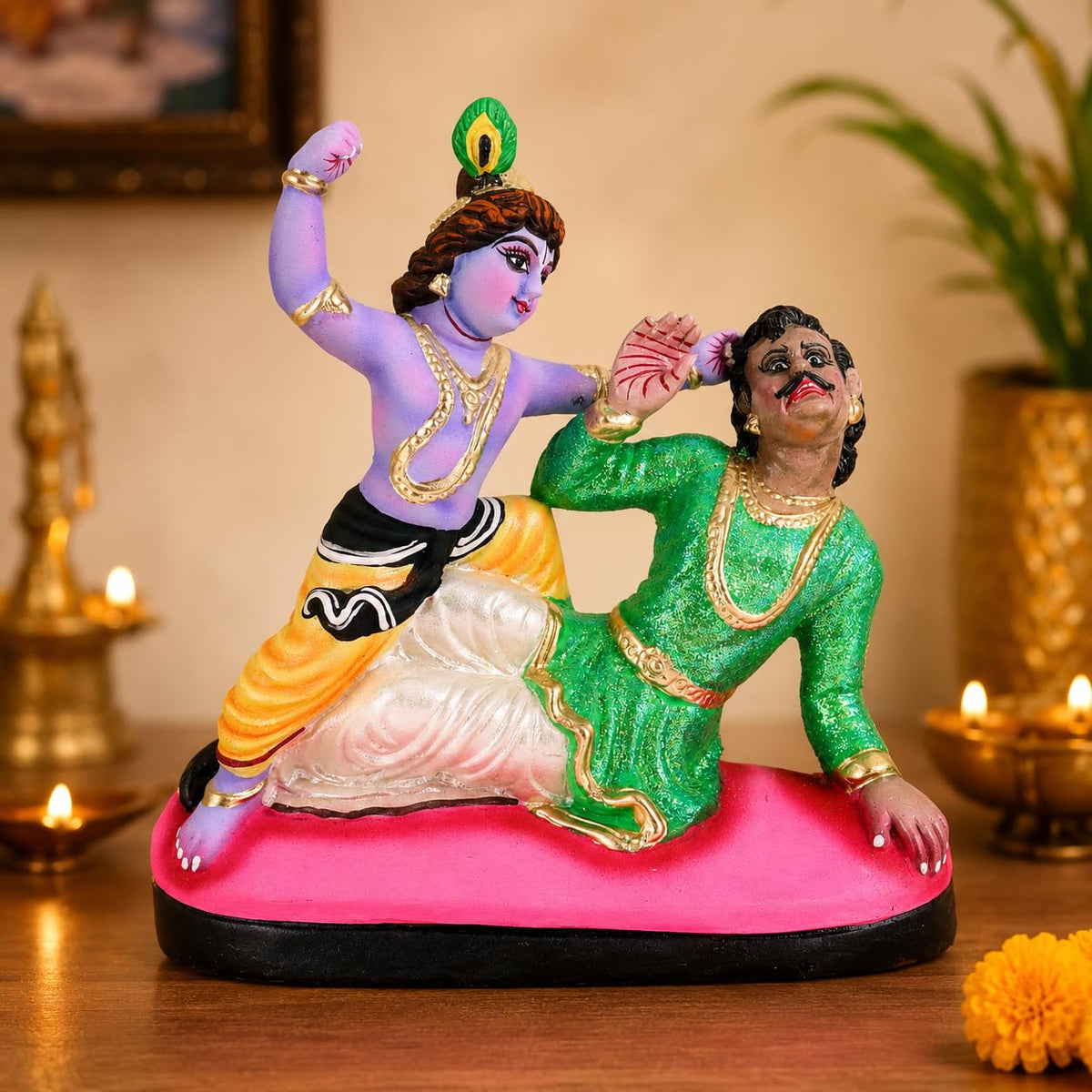 Niharika Collections Krishna's Kans Vadh Clay Terracotta Idol | Spiritual & Cultural Art | Handmade Décor & Gift