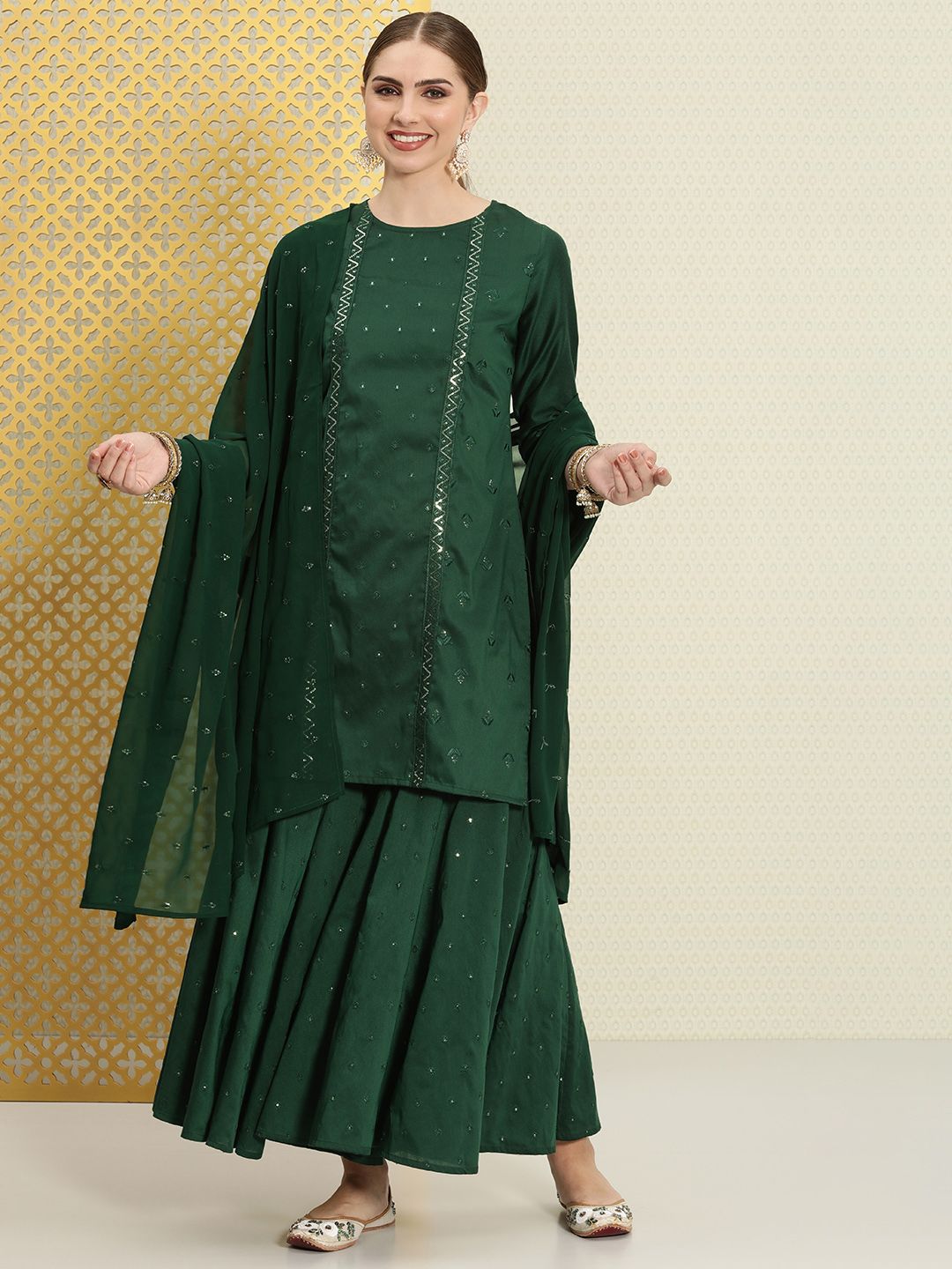 Dhiyona HOP Jashn Floral Sequinned Woven Design Kurti & Sharara With Dupatta