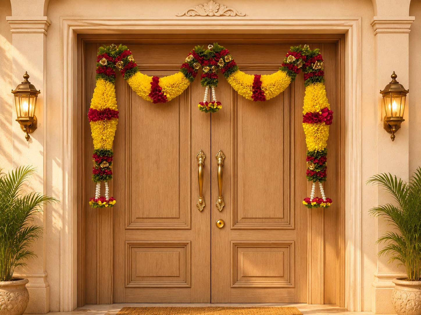 Yellow & Dark Pink Hanging Artificial Flower Toran for Main Door Entrance, Reusable Thoran for Pooja Mandir, Living Room & Home Décor, Bandarwal for Festival Decoration (42x25 inch)