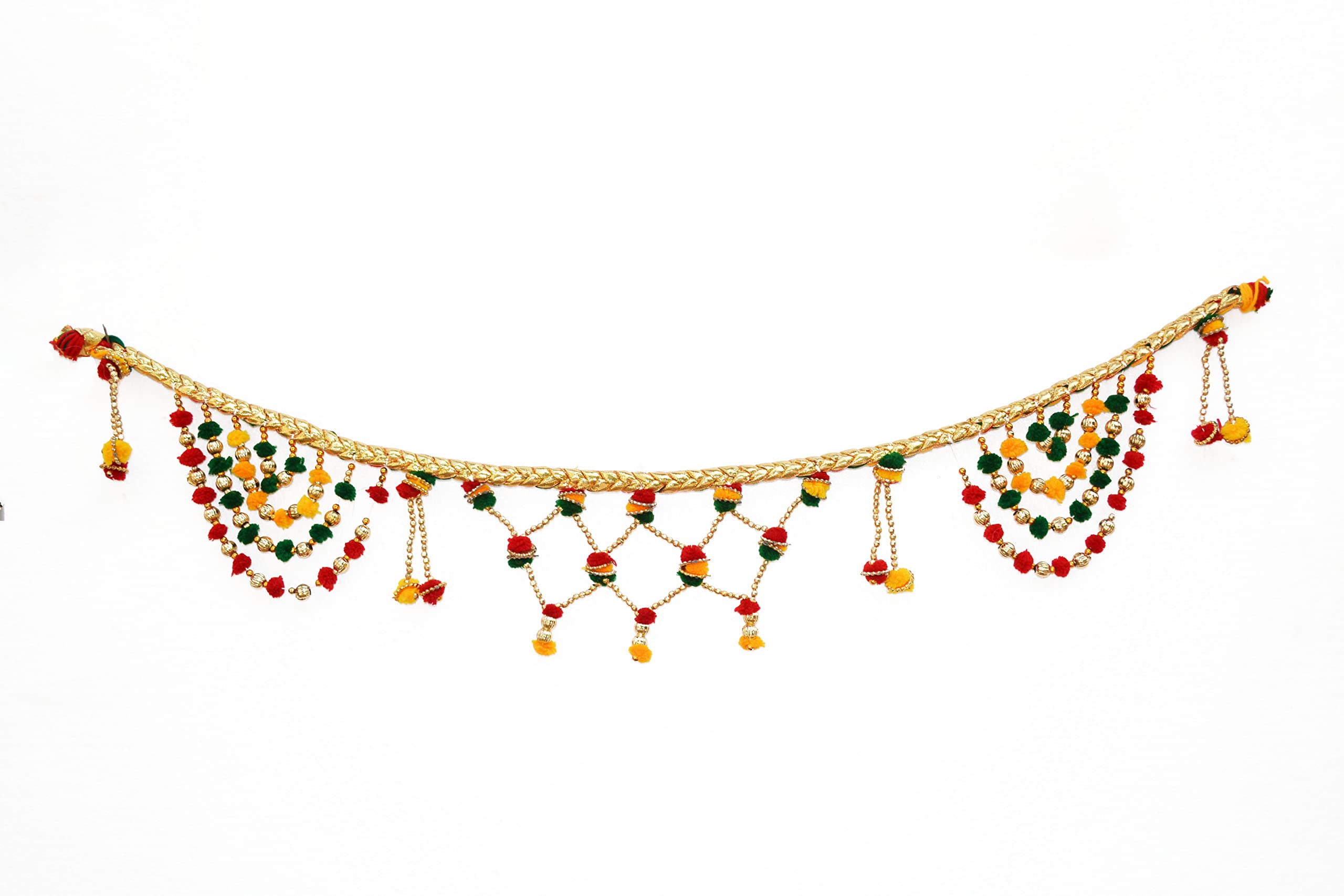 Pom Pom Toranam Hanging Bandhanwar for Door Wall, Handmade Multicolor Golden Beads Toran for Diwali Navratri Onam Festival