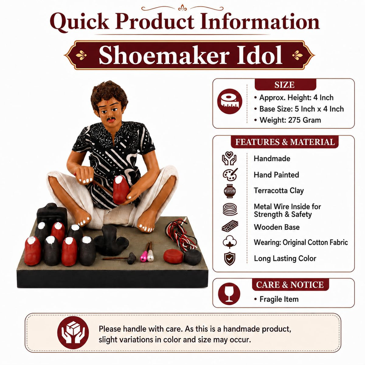 Niharika Collections Krishnanagar Handmade Clay Gift & Décor | Basic- Sitting Human Figure Miniature Idol - Shoemaker