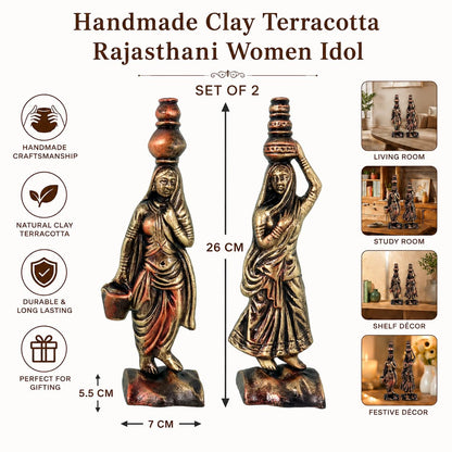 Niharika Collections Handmade Clay Terracotta Abstract Sculpture | Home Décor & Gift | Cultural Art | Rajasthani Women Idol (Golden Color, Set of 2)