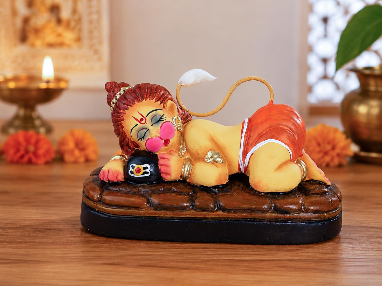 Niharika Collections Handmade Terracotta Sleeping Bal Hanuman Idol Hugging Shivling | Eco-Friendly Clay Idol for Home Decor, Puja & Gift | Traditional Indian Art Figurine