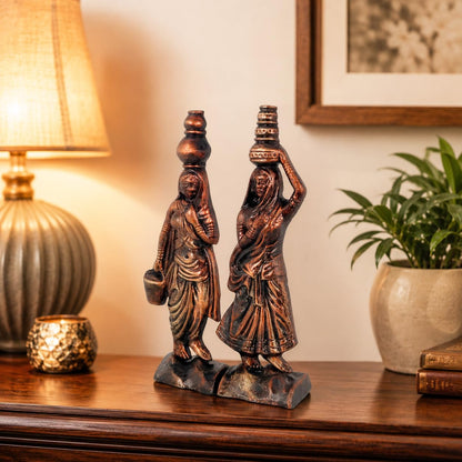 Niharika Collections Handmade Clay Terracotta Abstract Sculpture | Home Décor & Gift | Cultural Art | Rajasthani Women Idol (Bronze Color, Set of 2)