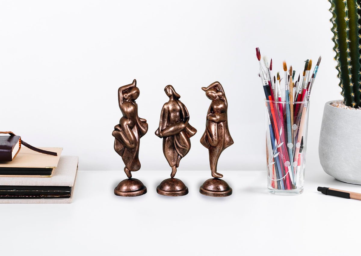 Niharika Collections Handmade Clay Terracotta Abstract Sculpture Dholak Dancer Idol for Gifts and Décor |Metallic Bronze| Set of 3