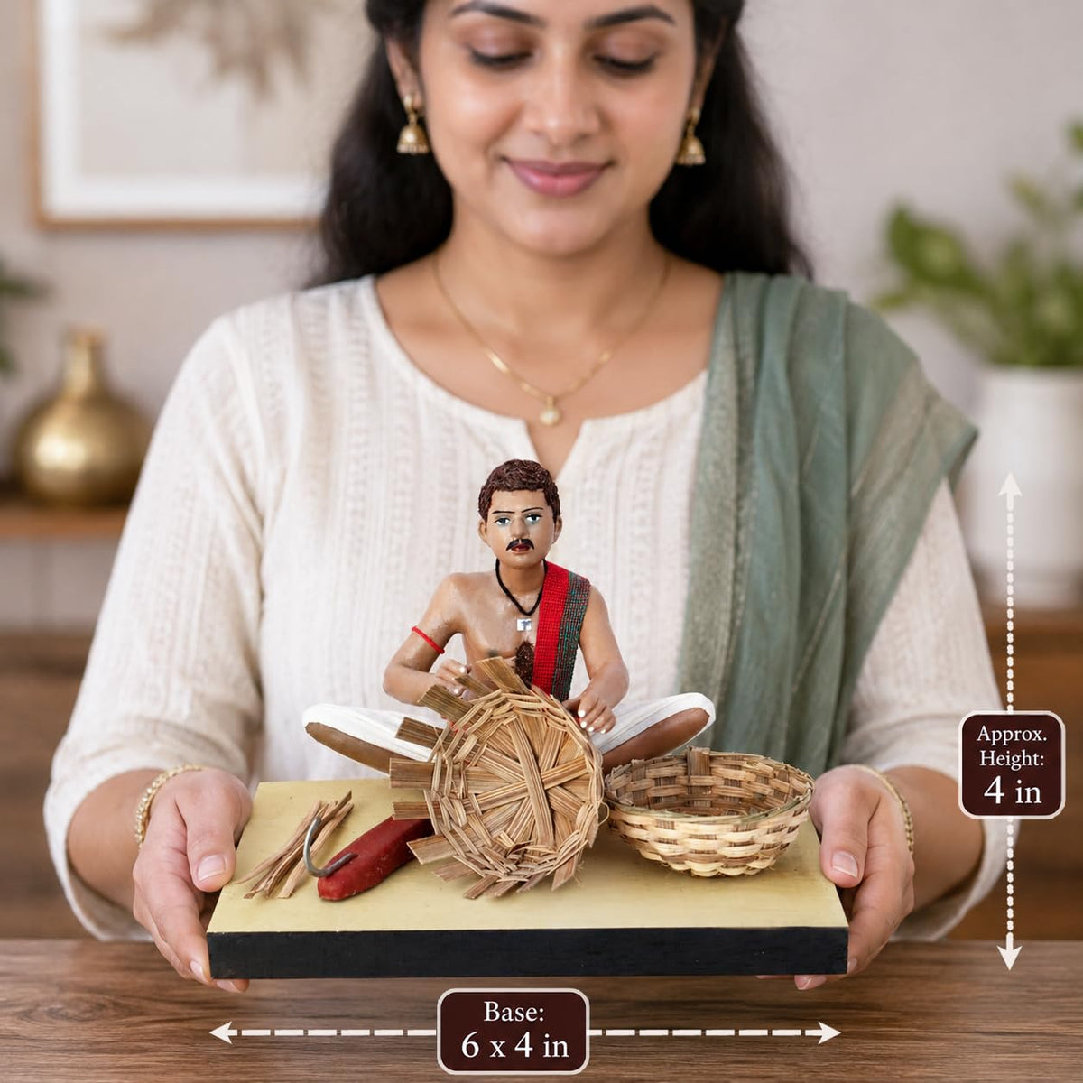 Niharika Collections Krishnanagar Handmade Clay Gift & Décor | Prime- Sitting Human Figure Miniature Idol - Basket Maker