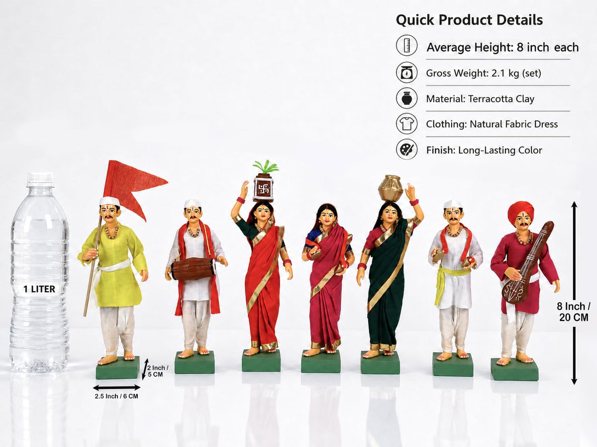 Niharika Collections Handmade Terracotta Clay Idols 8 Inch Clay Figurines Set of 7 | Traditional Handcrafted Pandharpur Warkari for Home Mandir, Navratri Decor, Golu and Gifting