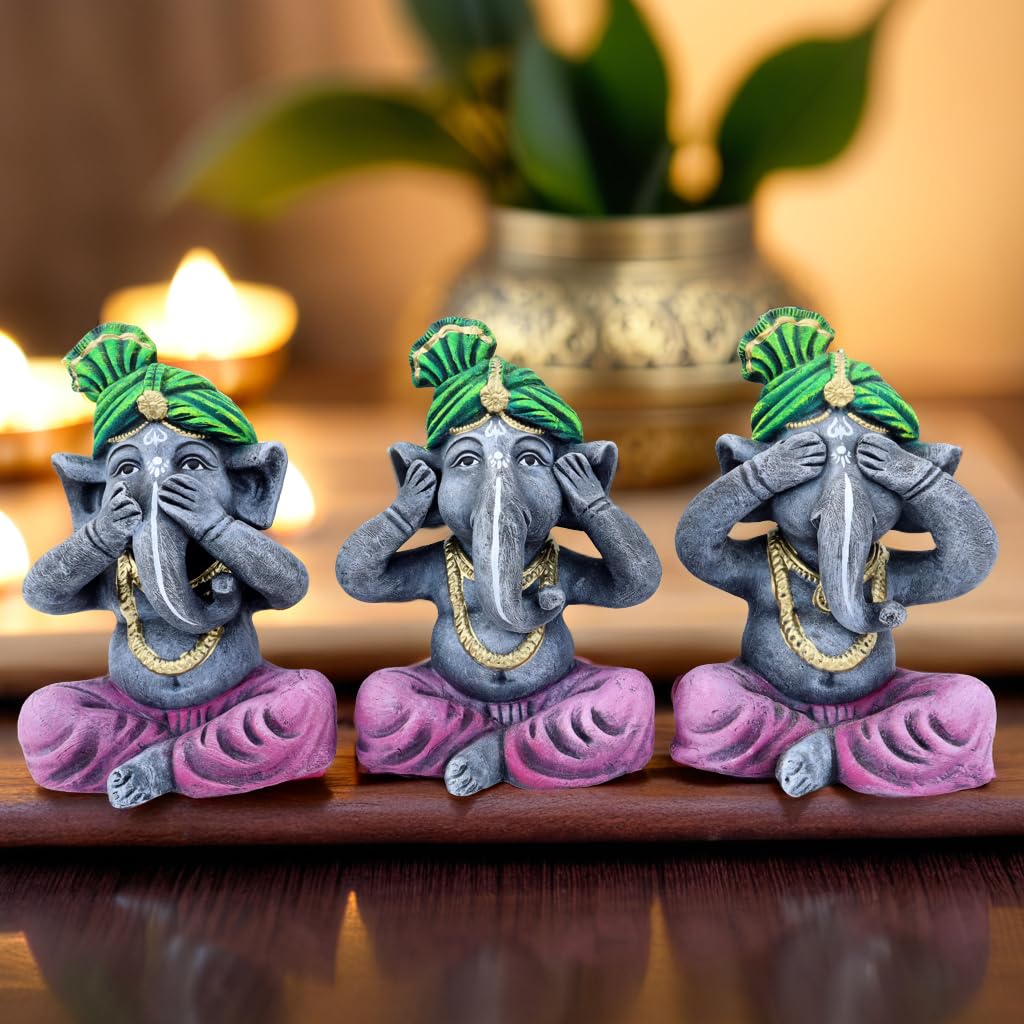 Niharika Collections Handmade Terracotta Ganesha Idol Set of 3 | Meditative Ganesha Figurines with Covered Eyes, Ears & Mouth | Clay Ganesh Murti for Home Temple, Meditation | Green-Purple