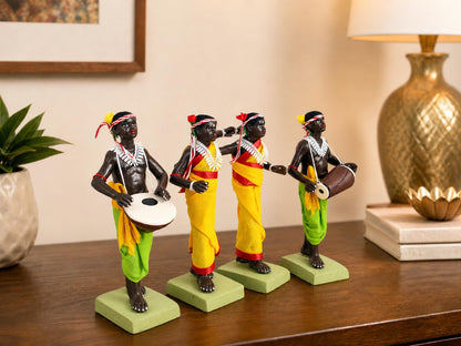 Niharika Collections Krishnanagar Handmade Clay Tribal Dance Group Idol | Terracotta Folk Human Figurines | Traditional Home Decor & Gift Showpiece | Set of 4