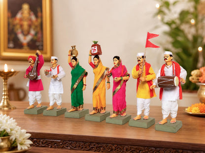 Niharika Collections Handmade Terracotta Clay Idols 6 Inch Clay Figurines Set of 7 | Traditional Handcrafted Pandharpur Warkari for Home Mandir, Navratri Decor, Golu and Gifting
