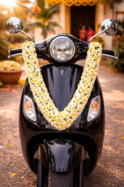 Shevanti Cream & Yellow Flower Garland for Pooja Mandir Decoration, Hanging Mala for Photo Frame, Haar Mala for God Idols, Photo Frames of Loved Ones, Ancestors, Pitra (40 inch)