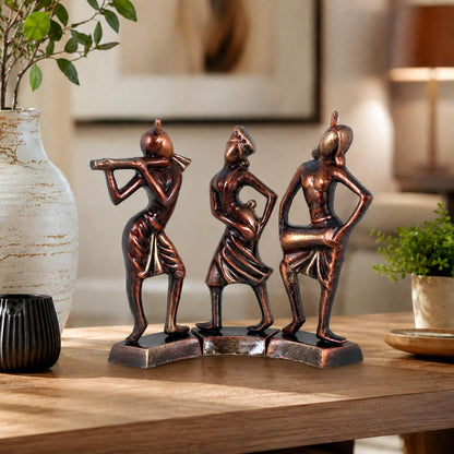 Niharika Collections Handmade Clay Terracotta Abstract Sculpture | Home Décor & Gift | Cultural Art | Tribal Dance Group Idol (Bronze Color, Set of 3)
