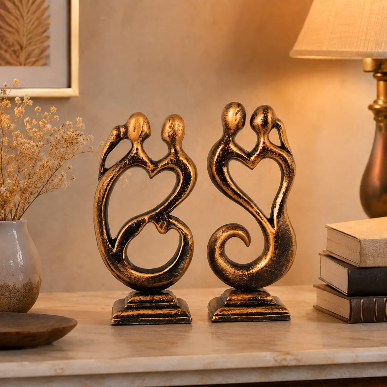Niharika Collections Handmade Clay Terracotta Abstract Sculpture | Home Décor & Gift | Cultural Art | Love Couple Idol (Sunset Gold Color, Set of 2)