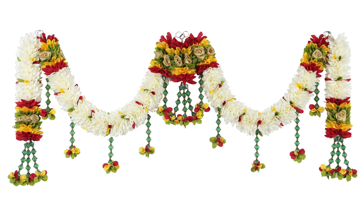 Toran for Main Door Entrance, Bandarwal for Festival, Pooja Mandir, Wedding & Home Decor, Handmade Traditional Flower Hanging for Home & Office Decor (42 inches x 14 inches) Cream