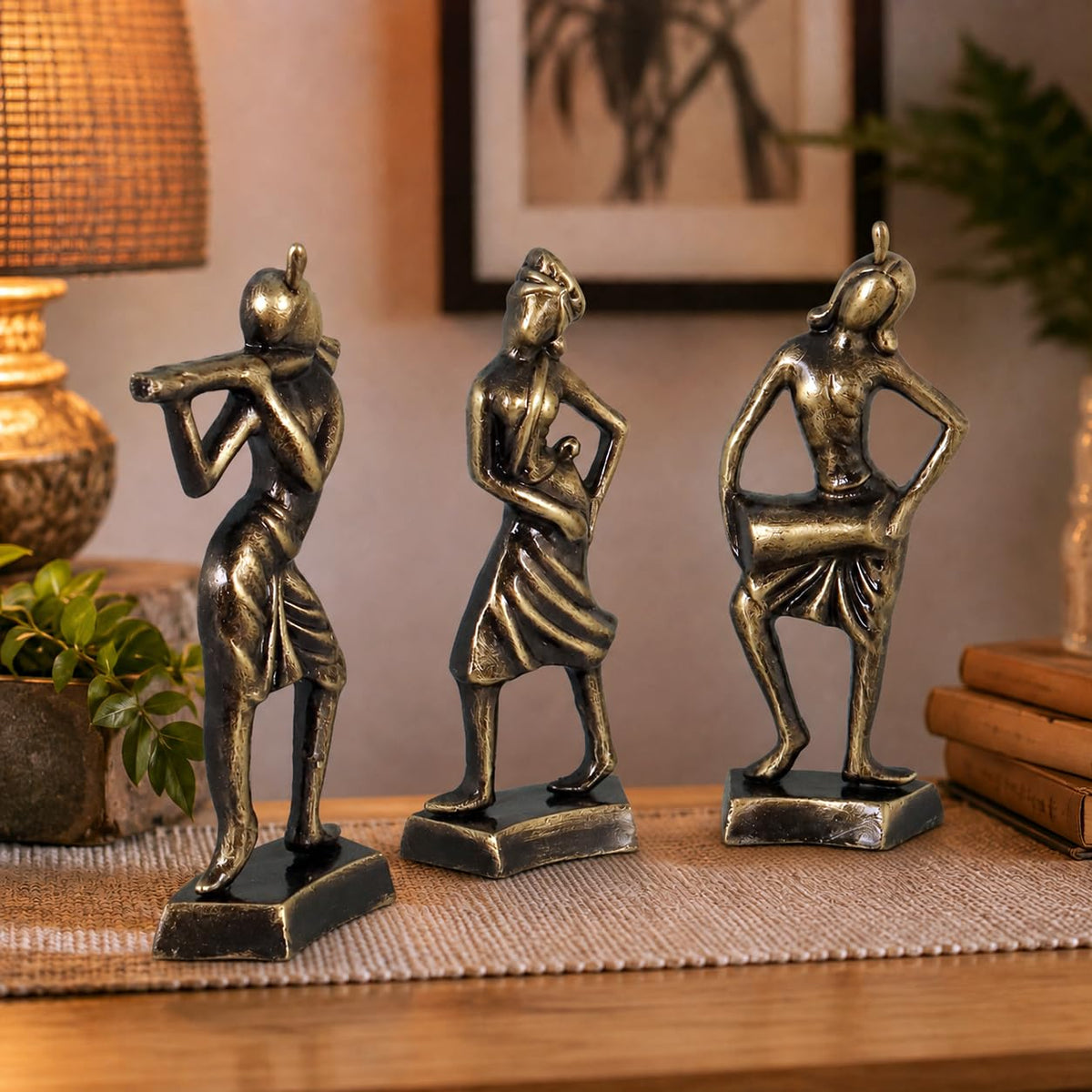 Niharika Collections Handmade Clay Terracotta Abstract Sculpture | Home Décor & Gift | Cultural Art | Tribal Dance Group Idol (Golden Color, Set of 3)