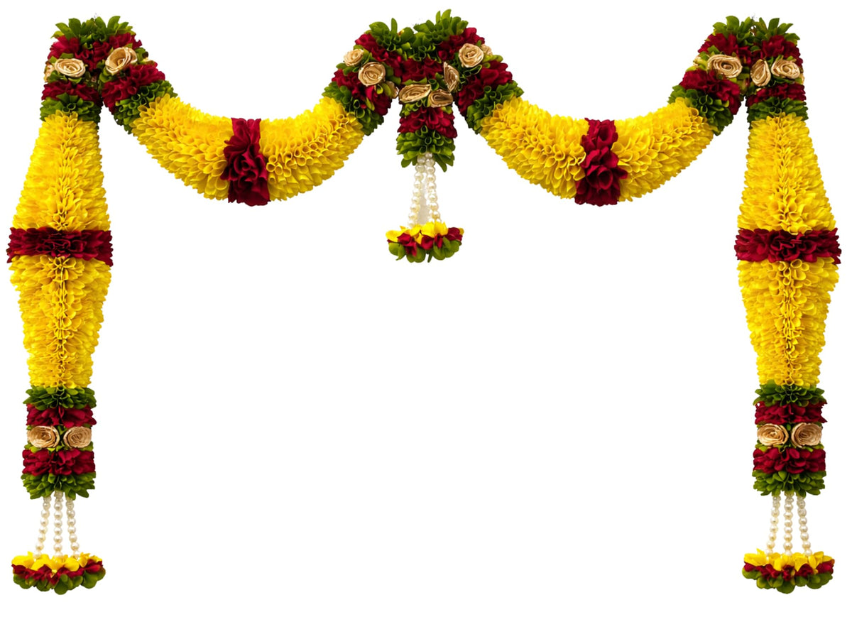 Yellow & Red Hanging Artificial Flower Toran for Main Door Entrance, Reusable Thoran for Pooja Mandir, Living Room & Home Décor, Bandarwal for Festival Decoration (42x25 inch)