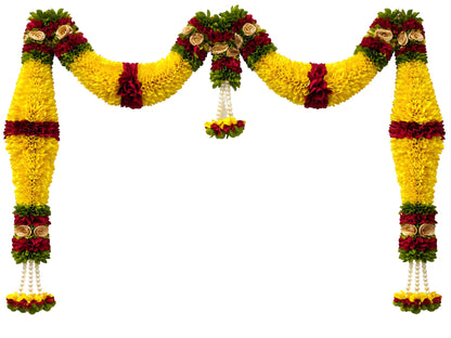 Yellow & Red Hanging Artificial Flower Toran for Main Door Entrance, Reusable Thoran for Pooja Mandir, Living Room & Home Décor, Bandarwal for Festival Decoration (42x25 inch)
