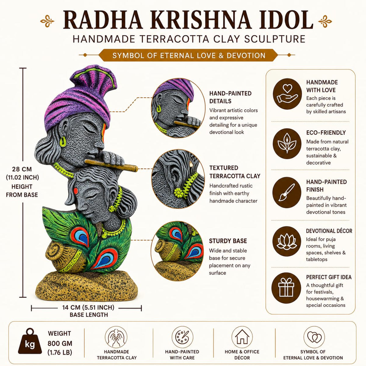 Niharika Collections Handmade Terracotta Clay | Radha Krishna Idol | Symbol of Eternal Love & Devotion