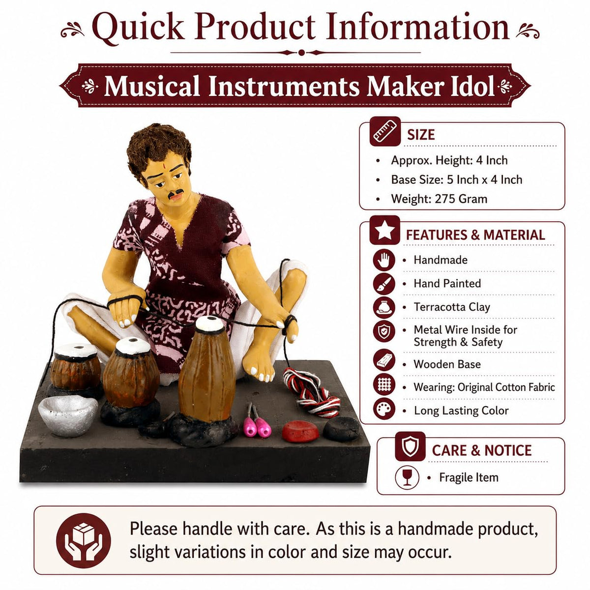 Niharika Collections Krishnanagar Handmade Clay Gift & Décor | Basic- Sitting Human Figure Miniature Idol - Musical Instruments Maker