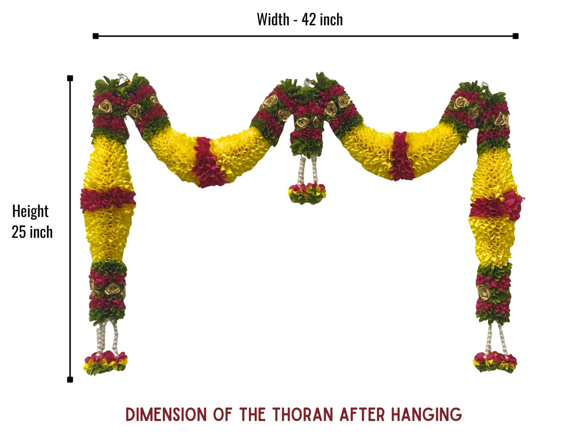 Yellow & Dark Pink Hanging Artificial Flower Toran for Main Door Entrance, Reusable Thoran for Pooja Mandir, Living Room & Home Décor, Bandarwal for Festival Decoration (42x25 inch)