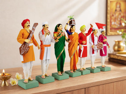 Niharika Collections Handmade Terracotta Clay Idols 10 Inch Clay Figurines Set of 7 | Traditional Handcrafted Pandharpur Warkari for Home Mandir, Navratri Decor, Golu and Gifting