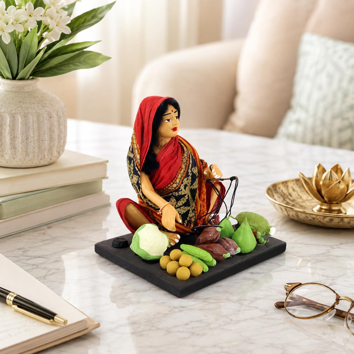 Niharika Collections Krishnanagar Handmade Terracotta Clay Woman Vegetable Seller Miniature Idol | Basic Sitting Human Figurine | Home Decor, Golu Display and Gifting