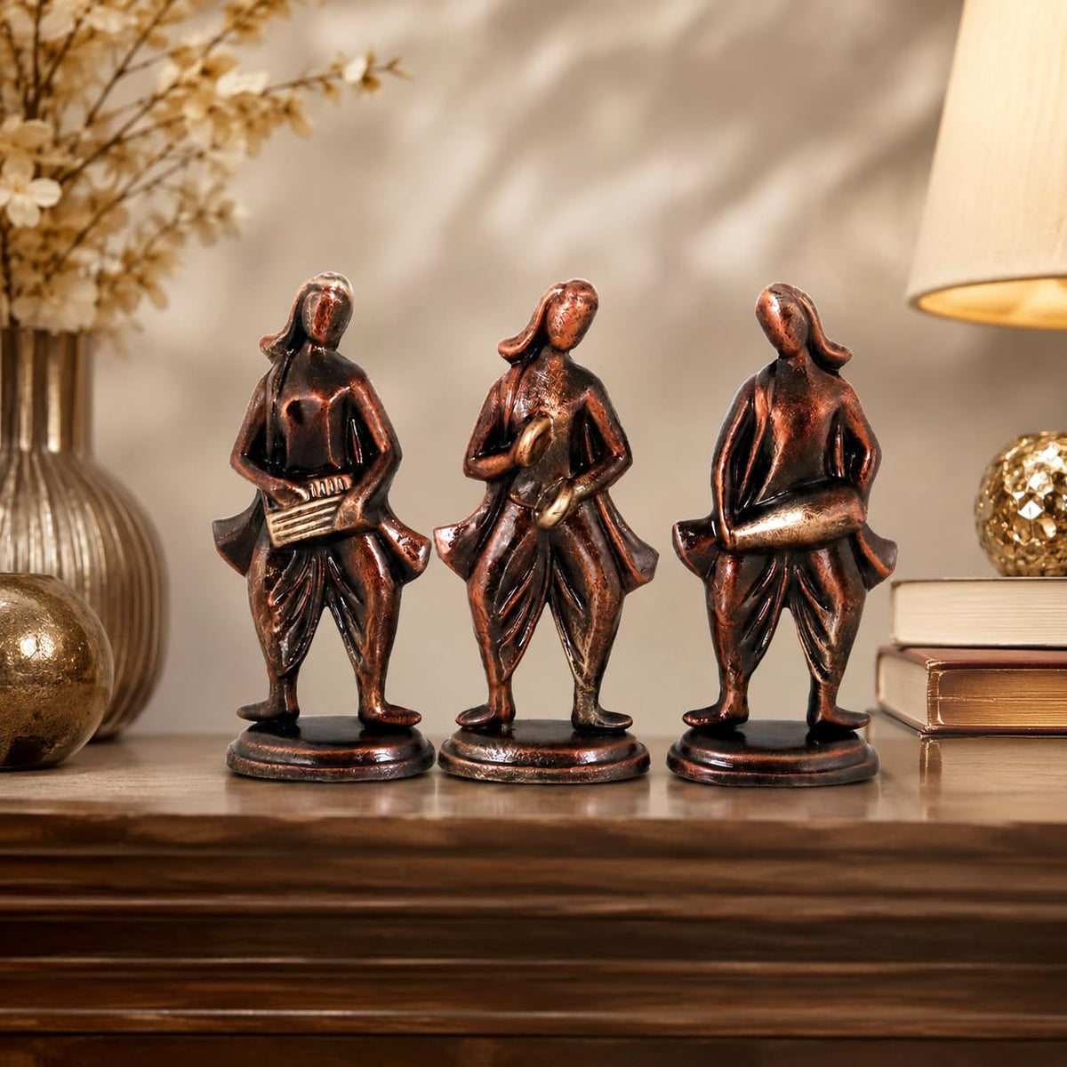 Niharika Collections Handmade Clay Terracotta Abstract Sculpture | Home Décor & Gift | Cultural Art | Musical Group Idol (Bronze Color, Set of 3)