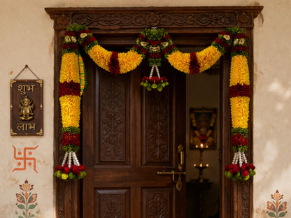 Orange Hanging Artificial Flower Toran for Main Door Entrance, Reusable Thoran for Pooja Mandir, Living Room & Home Décor, Bandarwal for Festival Decoration (42x25 inch)