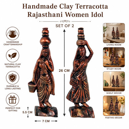 Niharika Collections Handmade Clay Terracotta Abstract Sculpture | Home Décor & Gift | Cultural Art | Rajasthani Women Idol (Bronze Color, Set of 2)