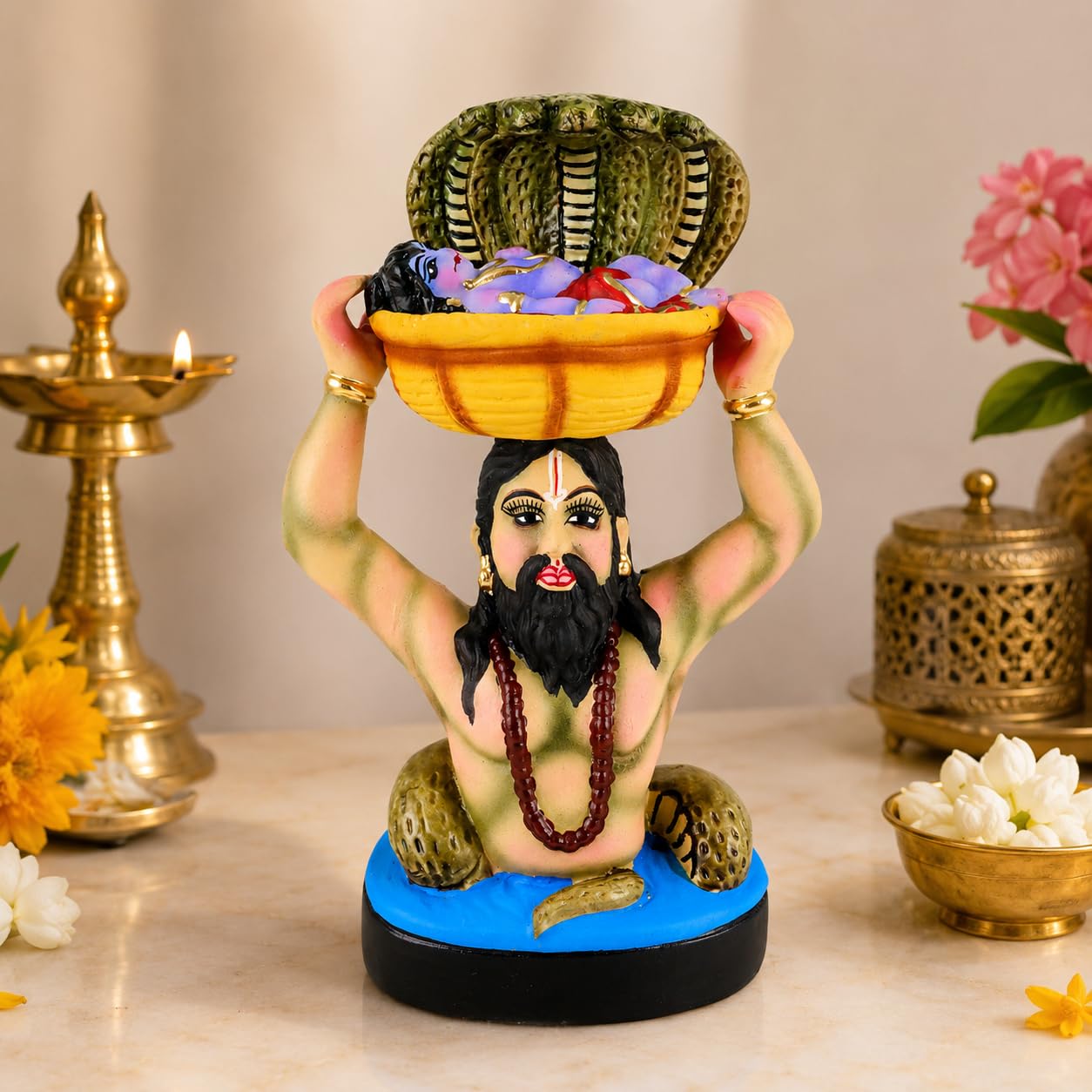 Niharika Collections Vasudev & Krishna Crossing the Yamuna with Sheshnag Idol | Handmade Clay Terracotta | Spiritual and Cultural Art