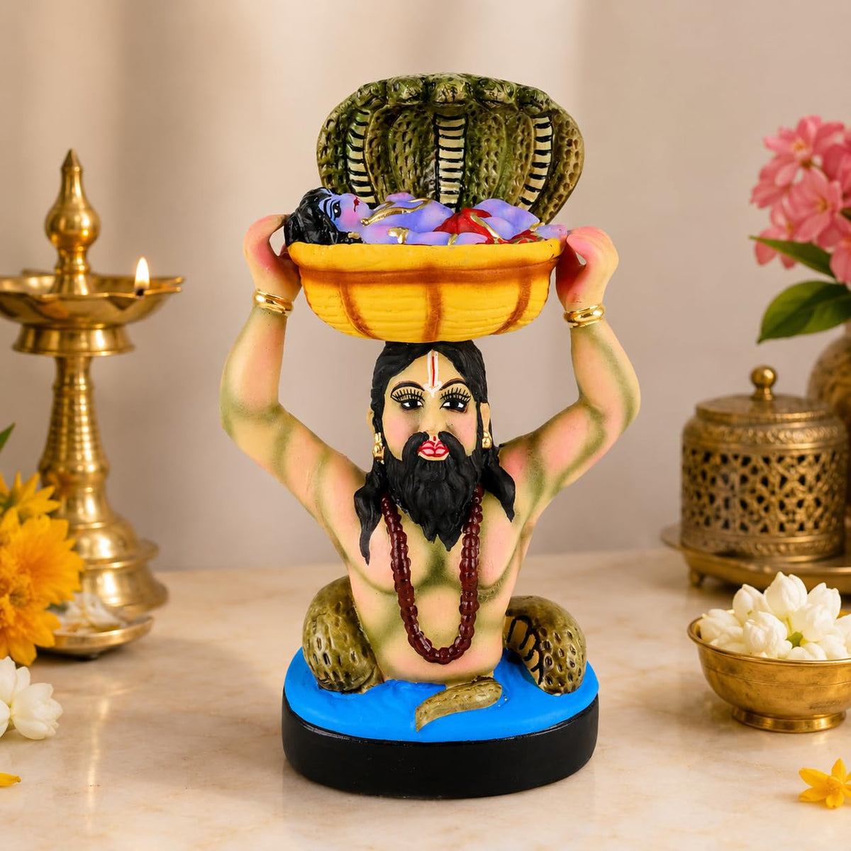 Niharika Collections Vasudev & Krishna Crossing the Yamuna with Sheshnag Idol | Handmade Clay Terracotta | Spiritual and Cultural Art