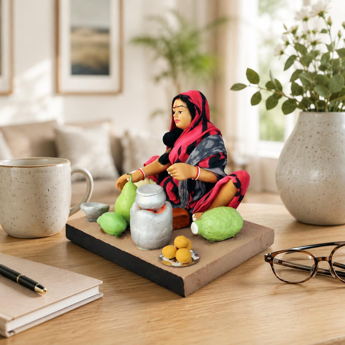 Niharika Collections Krishnanagar Handmade Terracotta Clay | Basic- Sitting Human Figure Miniature Idol - Mother's Hand Cooking | Home Decor, Golu Display and Gifting