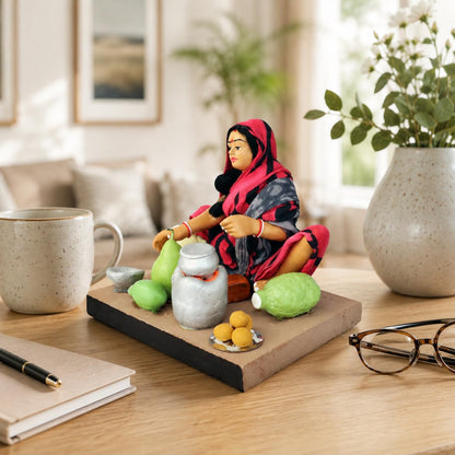 Niharika Collections Krishnanagar Handmade Terracotta Clay | Basic- Sitting Human Figure Miniature Idol - Mother's Hand Cooking | Home Decor, Golu Display and Gifting
