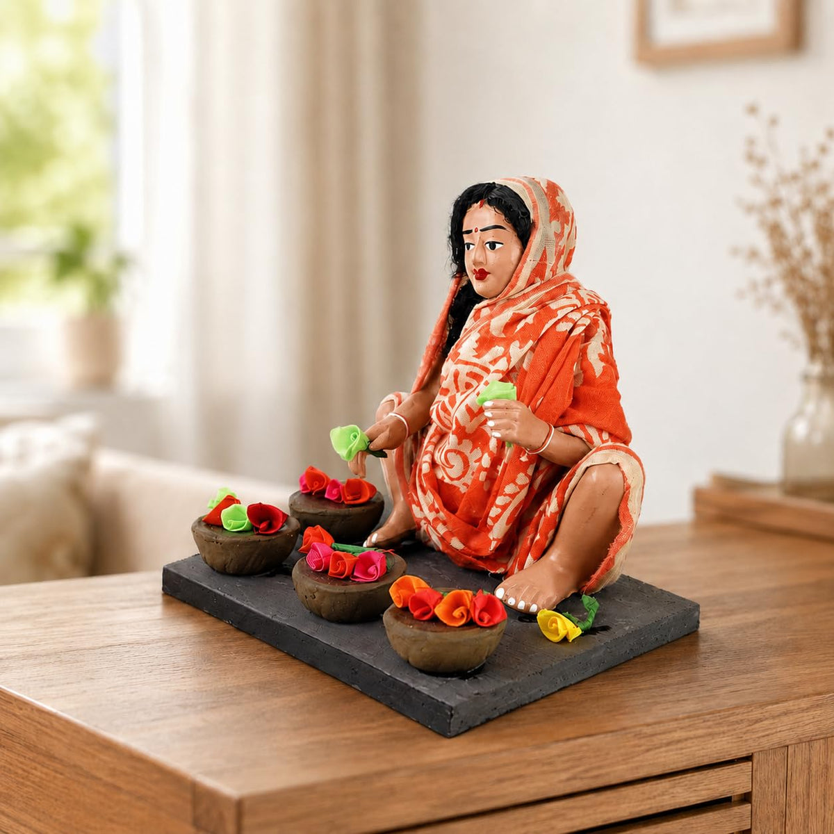 Niharika Collections Krishnanagar Handmade Clay Gift & Décor | Basic- Sitting Human Figure Miniature Idol - Flower Seller