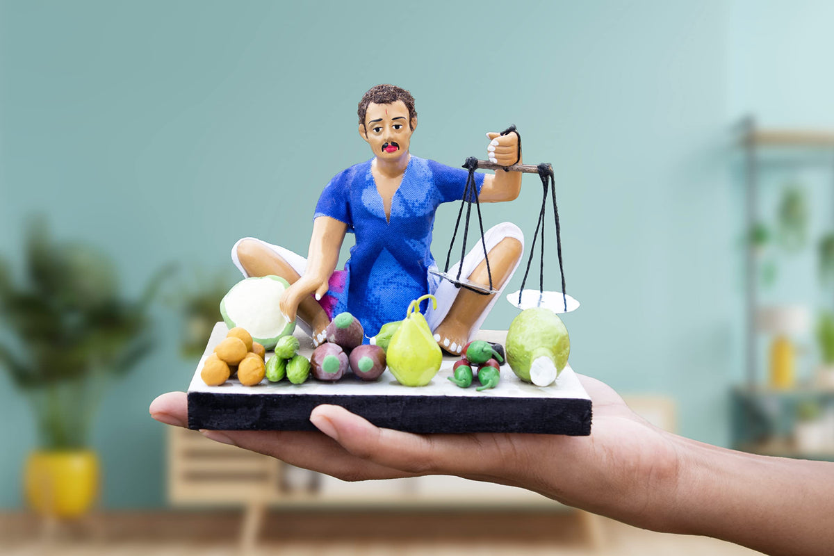 Niharika Collections Krishnanagar Handmade Terracotta Clay | Basic- Sitting Human Figure Miniature Idol - Vegetable Seller Home Decor, Golu Display and Gifting