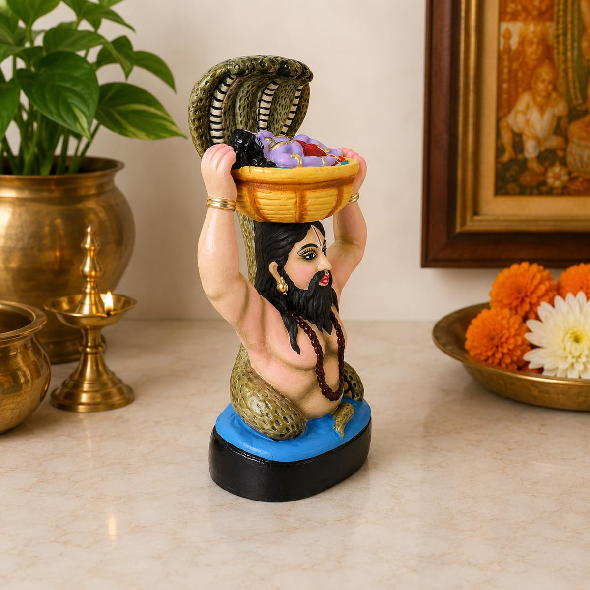 Niharika Collections Vasudev & Krishna Crossing the Yamuna with Sheshnag Idol | Handmade Clay Terracotta | Spiritual and Cultural Art