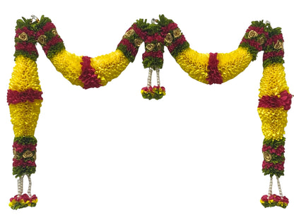 Yellow & Dark Pink Hanging Artificial Flower Toran for Main Door Entrance, Reusable Thoran for Pooja Mandir, Living Room & Home Décor, Bandarwal for Festival Decoration (42x25 inch)